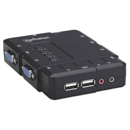 MANHATTAN - Switch KVM Manhattan Compacto 4 Puertos Desktop USB 4:1 Cables+Audio Color Negro