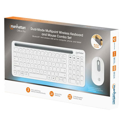 MANHATTAN - Teclado y Mouse Optico Inalambrico Manhattan 2.4G y Bluetooth Blanco Combo Tecla Tijera