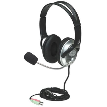 MANHATTAN - Audífonos Manhattan Estéreo Clásicos Micrófono Extensión Metálica Flexible Color Negro-Plata