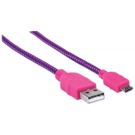 MANHATTAN - Cable Manhattan USB Micro-B Alta Velocidad con Recubrimiento Textil 1.8m Color Rosa-Morado