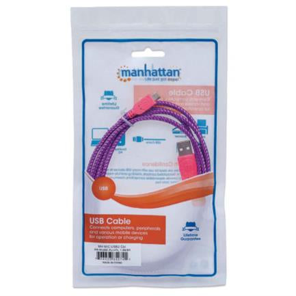 MANHATTAN - Cable Manhattan USB Micro-B Alta Velocidad con Recubrimiento Textil 1.8m Color Rosa-Morado