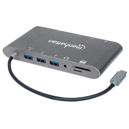 MANHATTAN - Estación Docking Manhattan USB-C a HDMI/DPmini/SVGA/RJ45/3.5mm Super Velocidad Color Gris