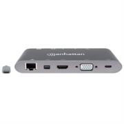 MANHATTAN - Estación Docking Manhattan USB-C a HDMI/DPmini/SVGA/RJ45/3.5mm Super Velocidad Color Gris