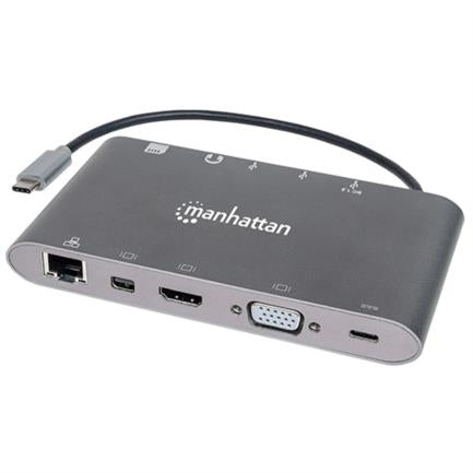MANHATTAN - Estación Docking Manhattan USB-C a HDMI/DPmini/SVGA/RJ45/3.5mm Super Velocidad Color Gris