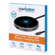 MANHATTAN - Docking Manhattan USB-C a HDMI USB-C PD 3xUSB-A Lector Tarjetas con Base Carga Inalámbrica