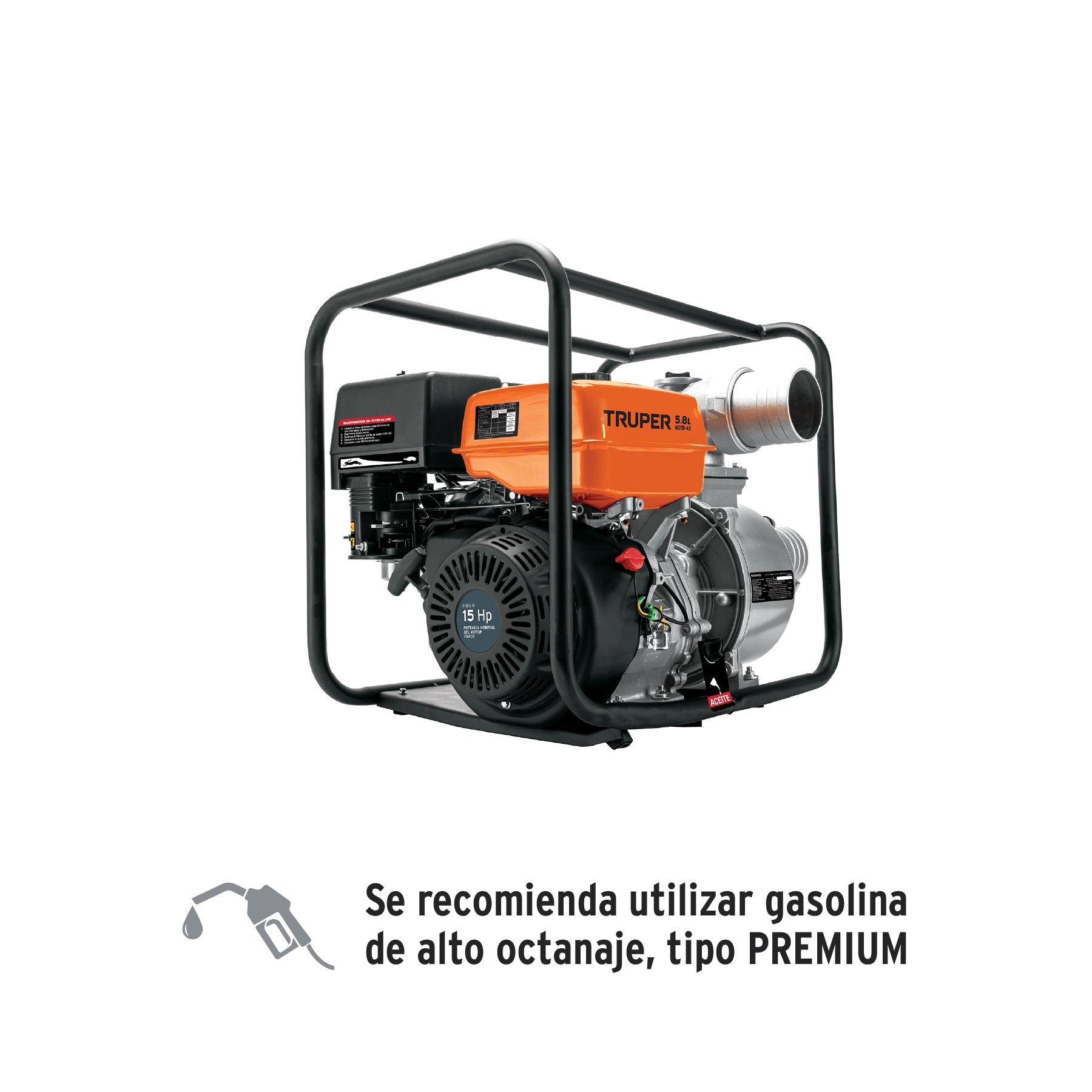 Motobomba autocebante 4'x4', gasolina 15HP, agricola, TRUPER