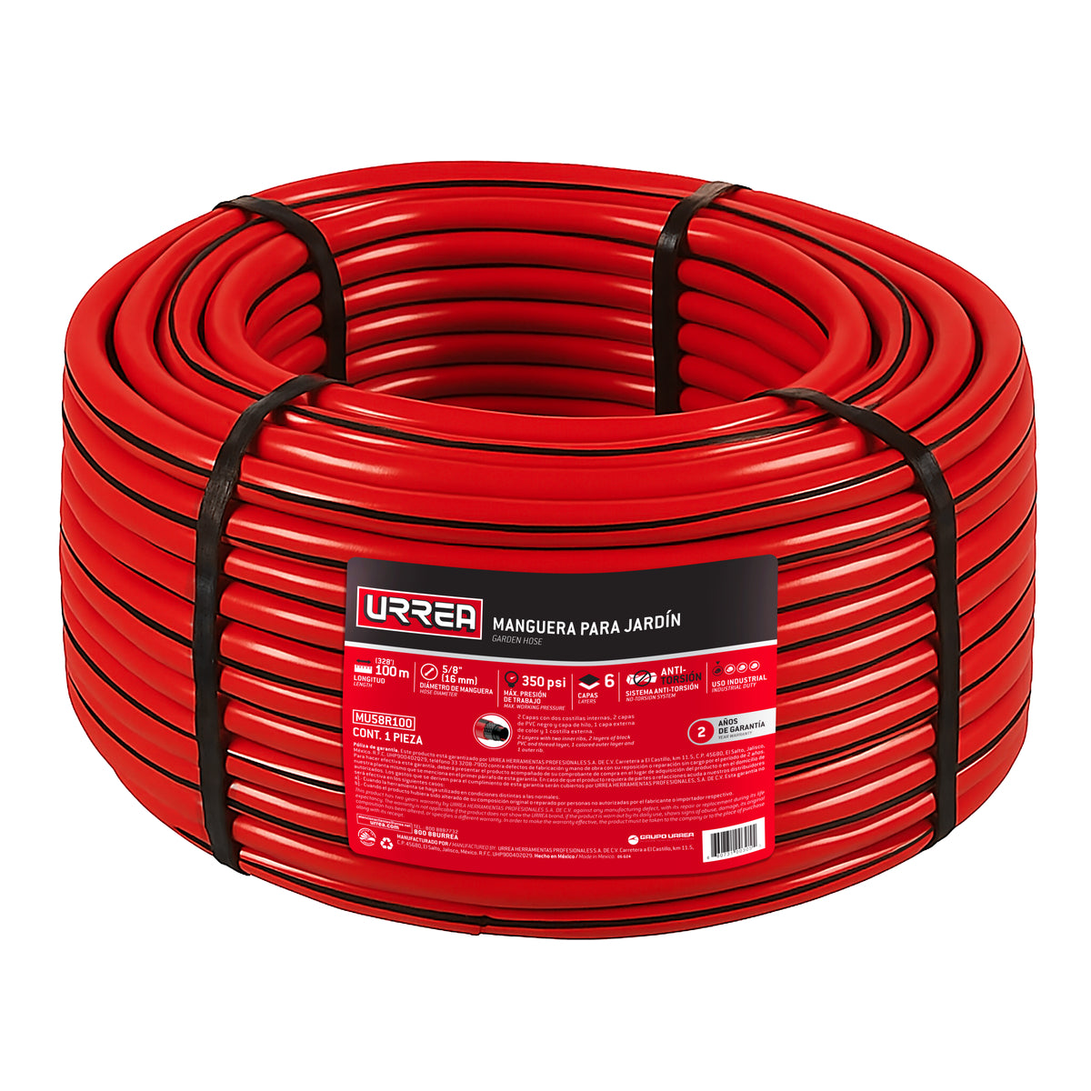 Urrea - Manguera para jardín de 6 capa s reforzada con conector metálico robusto 5/8 in, 100 m