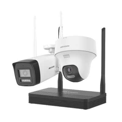 HIKVISION - Kit IP Inalámbrico 2 Megapíxel / NVS 4 Canales / 1 Cámara Bala Exterior + 1 Cámara Turret Interior con Lente 2.8 mm y Dual Light / Audio Bidireccional (Micrófono y Bocina) / Soporta Micro SD de 512 GB