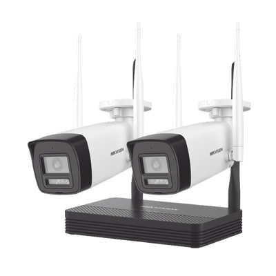 HIKVISION - Kit IP Inalámbrico 2 Megapixel (1080p) / NVS 4 Canales / 2 Cámaras Bala para Exterior con Lente 2.8 mm y Dual Light (30 mts IR + 20 mts Luz Blanca) / Audio Bidireccional (Micrófono y Bocina) / Soporta Micro SD de 512 GB