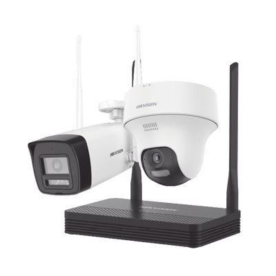 HIKVISION - Kit IP Inalámbrico 4 Megapixel / NVS 4 Canales / 1 Cámara Bala Exterior + 1 Cámara Turret Interior con Lente 2.8 mm y Dual Light / Audio Bidireccional (Micrófono y Bocina) / Soporta Micro SD de 512 GB