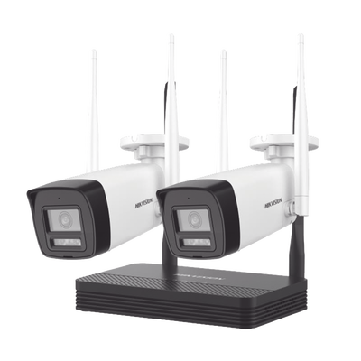 HIKVISION - Kit IP Inalámbrico 4 Megapixel / NVS 4 Canales / 2 Cámaras Bala para Exterior con Lente 2.8 mm y Dual Light (30 mts IR + 30 mts Luz Blanca) / Audio Bidireccional (Micrófono y Bocina) / Soporta Micro SD de 512 GB