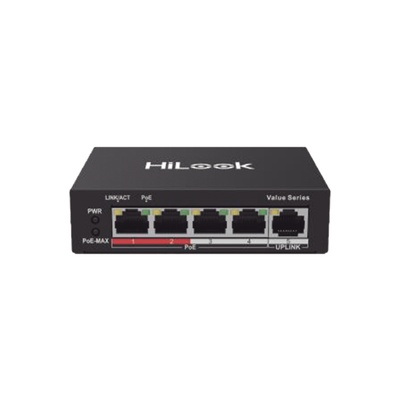 HILOOK BY HIKVISION - Switch PoE+ / 4 Puertos 10/100 Mbps PoE+ (af / at) / 1 Puerto 10/100 Mbps Uplink / Modo Extendido hasta 250 Metros / 35 Watts