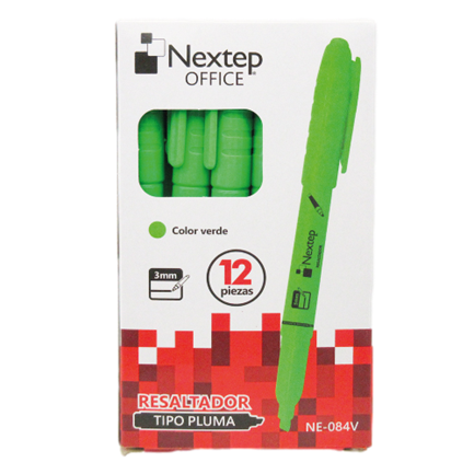 NEXTEP SOLUCIONES - Marcador Nextep Resaltador Tipo Pluma Punta Cincel Color Verde C/12 Pzas