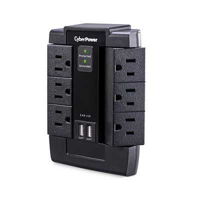 CYBERPOWER - Multicontacto con Supresor de Picos de Pared, Voltaje de Entrada 125 Vca NEMA 5-15P, Con 6 Salidas NEMA 5-15R, 2 Puertos de Carga USB, 1200 Joules