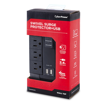 CYBERPOWER - Multicontacto con Supresor de Picos de Pared, Voltaje de Entrada 125 Vca NEMA 5-15P, Con 6 Salidas NEMA 5-15R, 2 Puertos de Carga USB, 1200 Joules