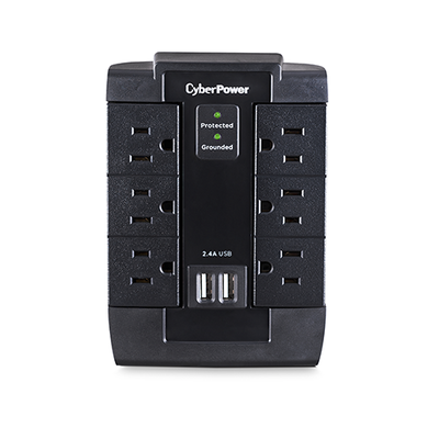 CYBERPOWER - Multicontacto con Supresor de Picos de Pared, Voltaje de Entrada 125 Vca NEMA 5-15P, Con 6 Salidas NEMA 5-15R, 2 Puertos de Carga USB, 1200 Joules