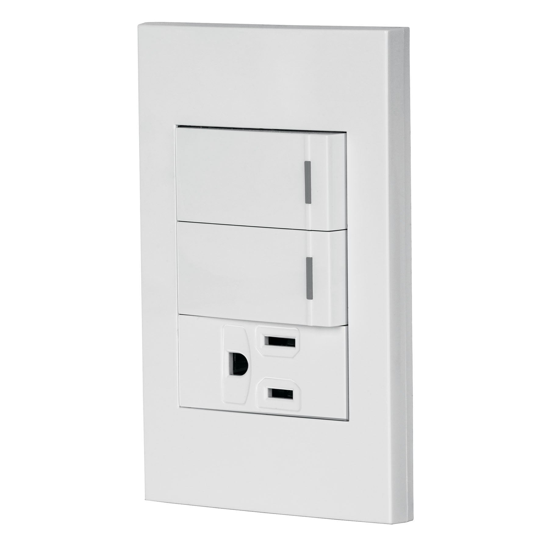Placa armada 2 interruptores,1 contacto,1mod,Espa–ola,blanco