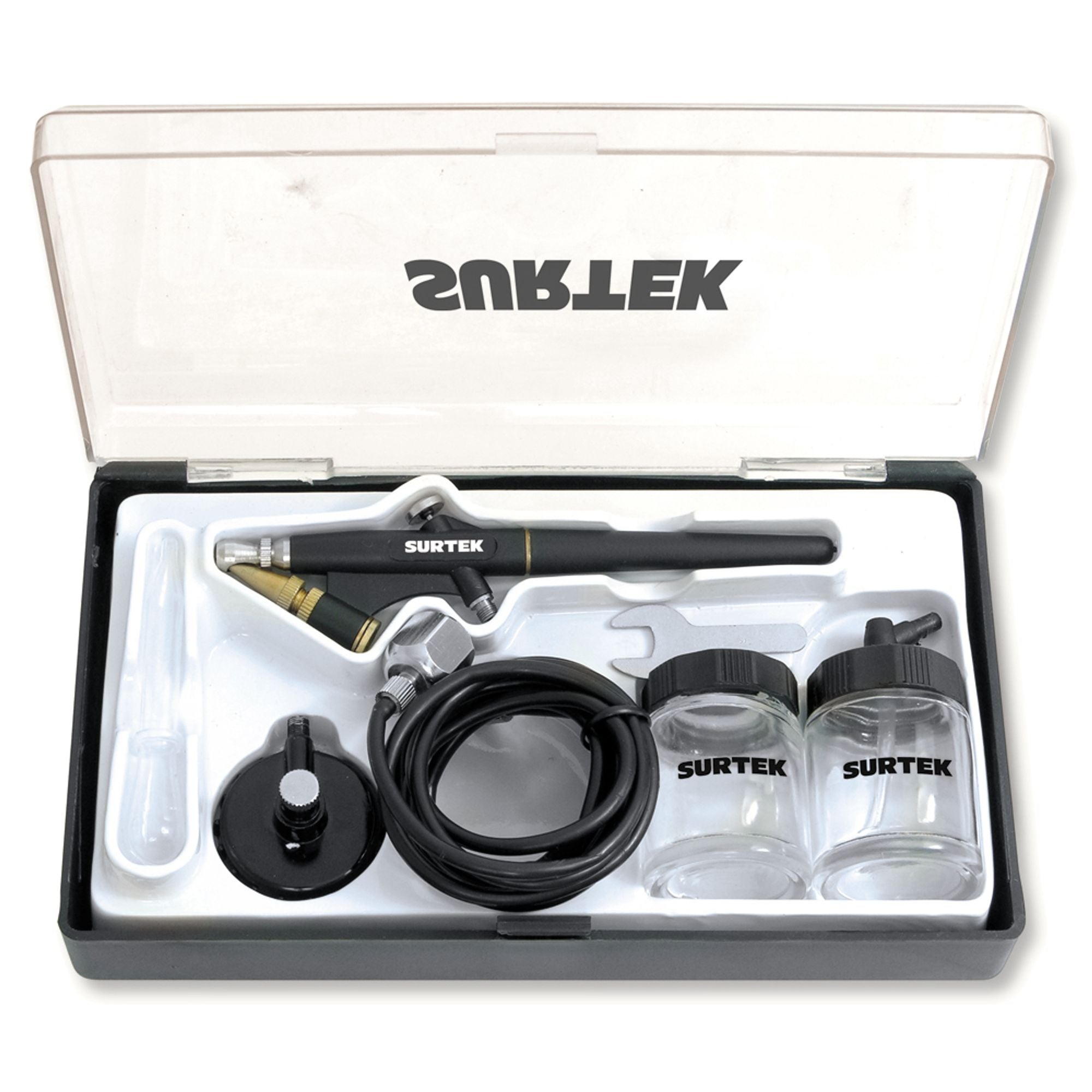 Surtek - Juego de aerógrafo con accesorios de 7 piezas. Presión de trabajo 30 psi y regulador de impulso