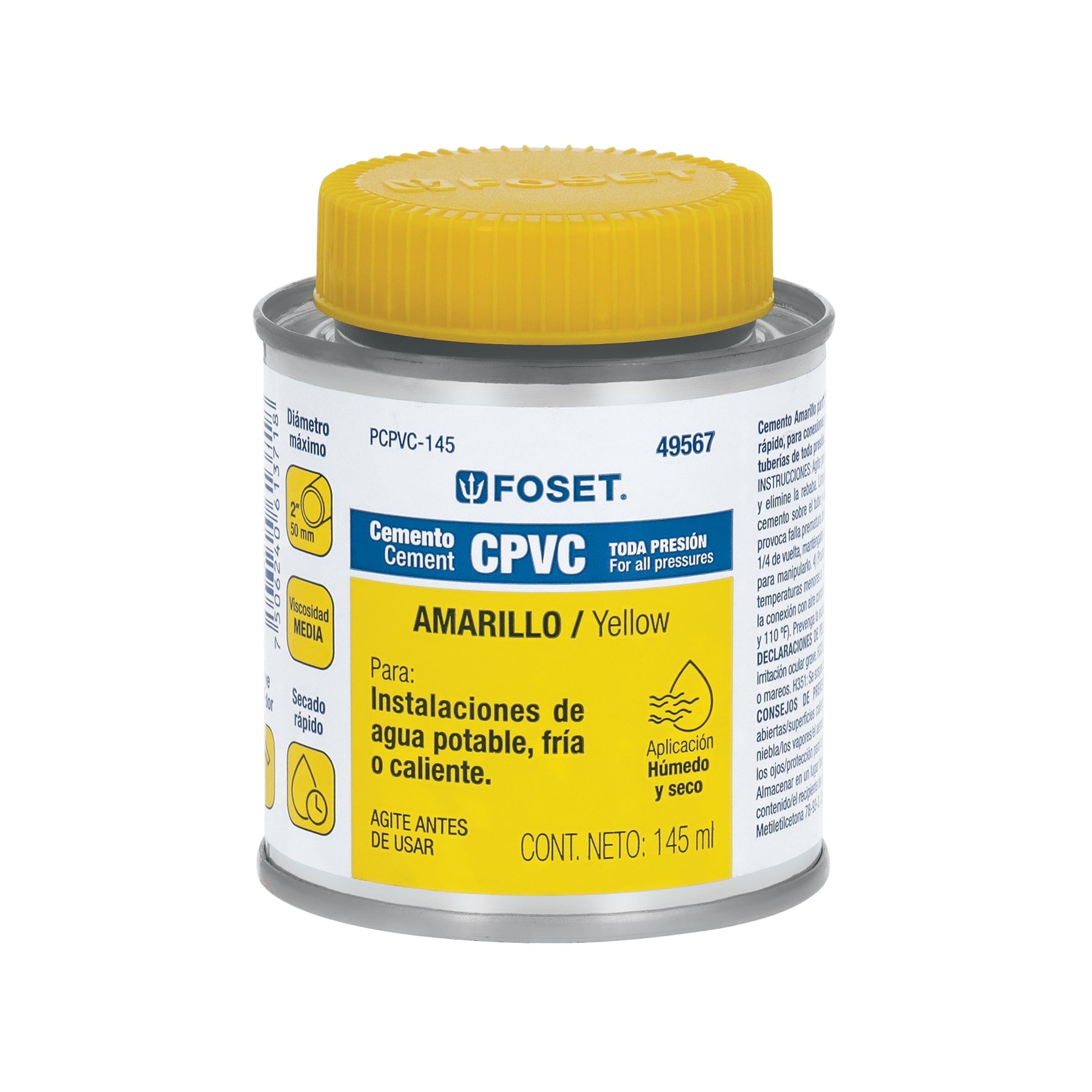 Cemento p/CPVC, amarillo, toda presion, lata 145ml, FOSET