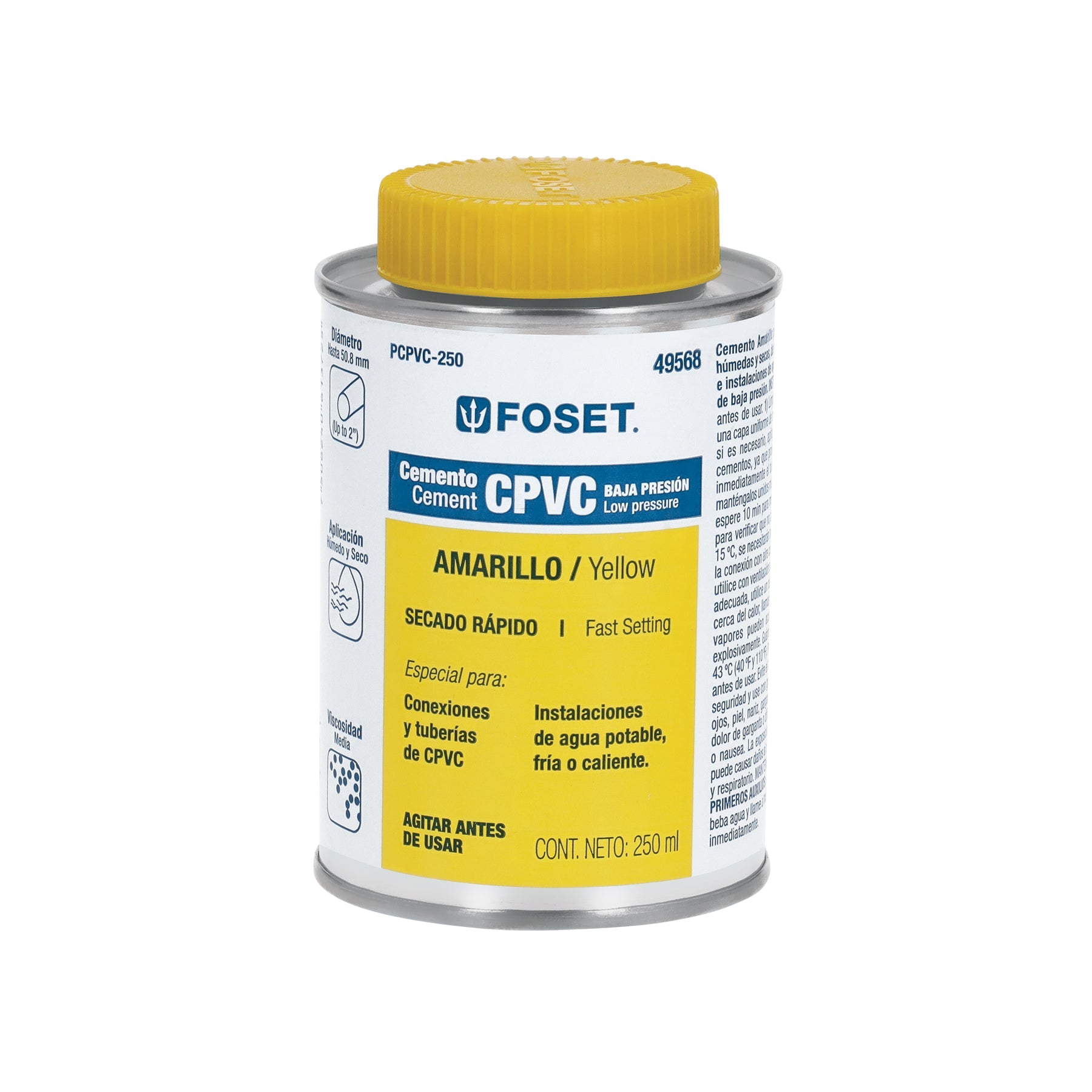 Cemento p/CPVC, amarillo, toda presion, lata 250ml, FOSET