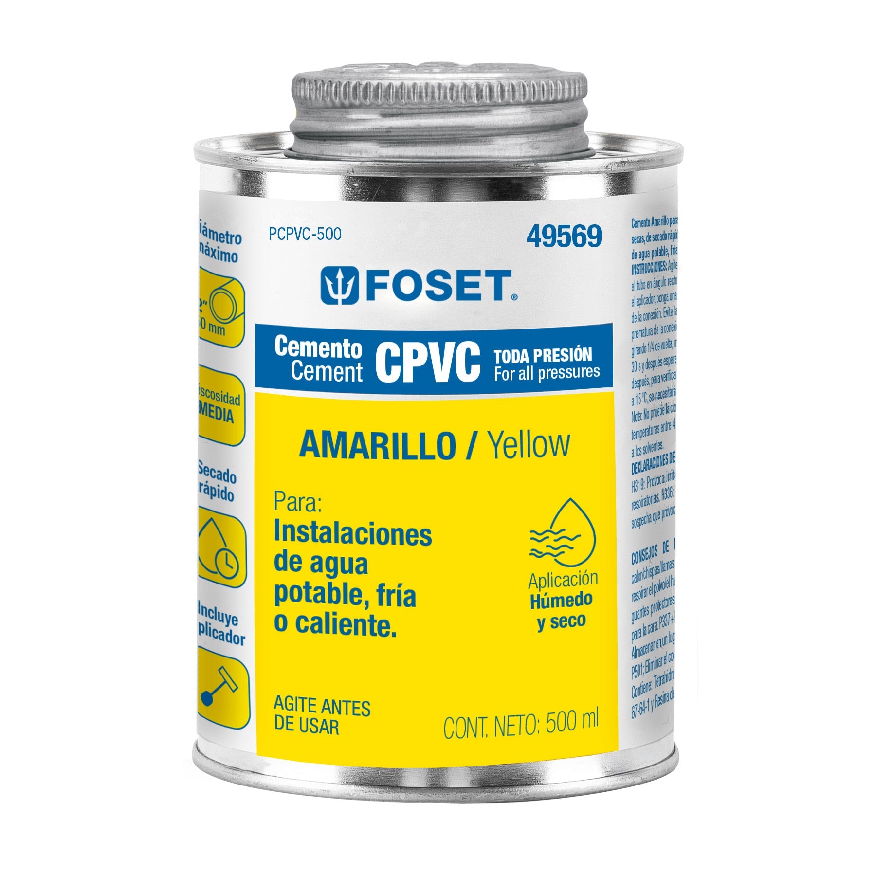 Cemento p/CPVC, amarillo, toda presion, lata 500ml, FOSET