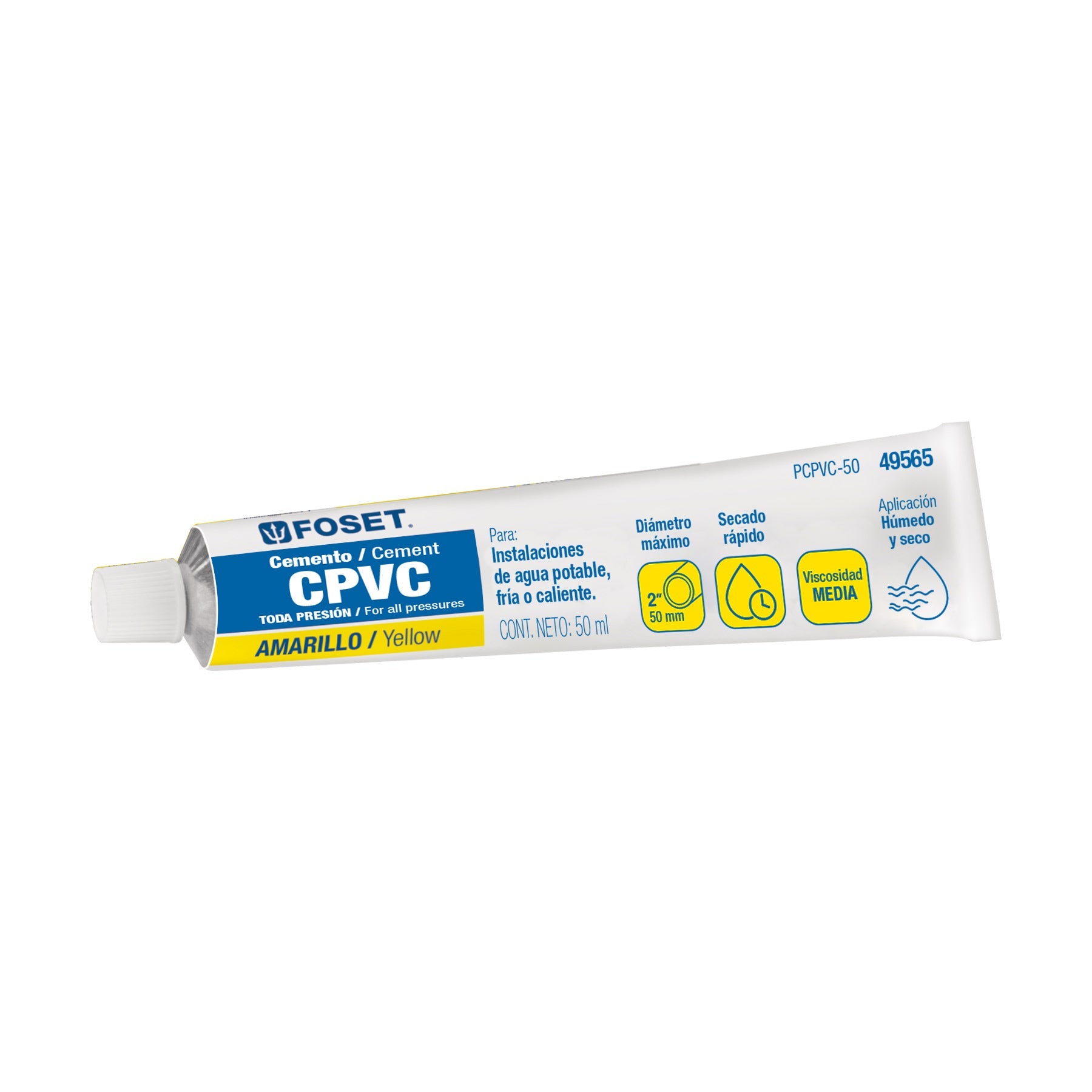 Cemento p/CPVC, amarillo, toda presion, tubo 50ml, FOSET