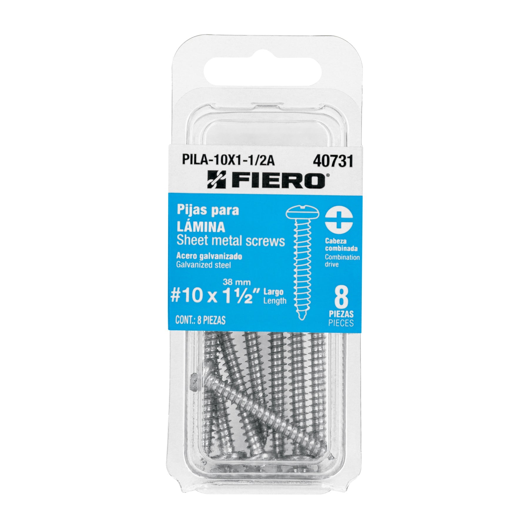 Blister con 8 pijas para lamina, #10 x 1-1/2', FIERO