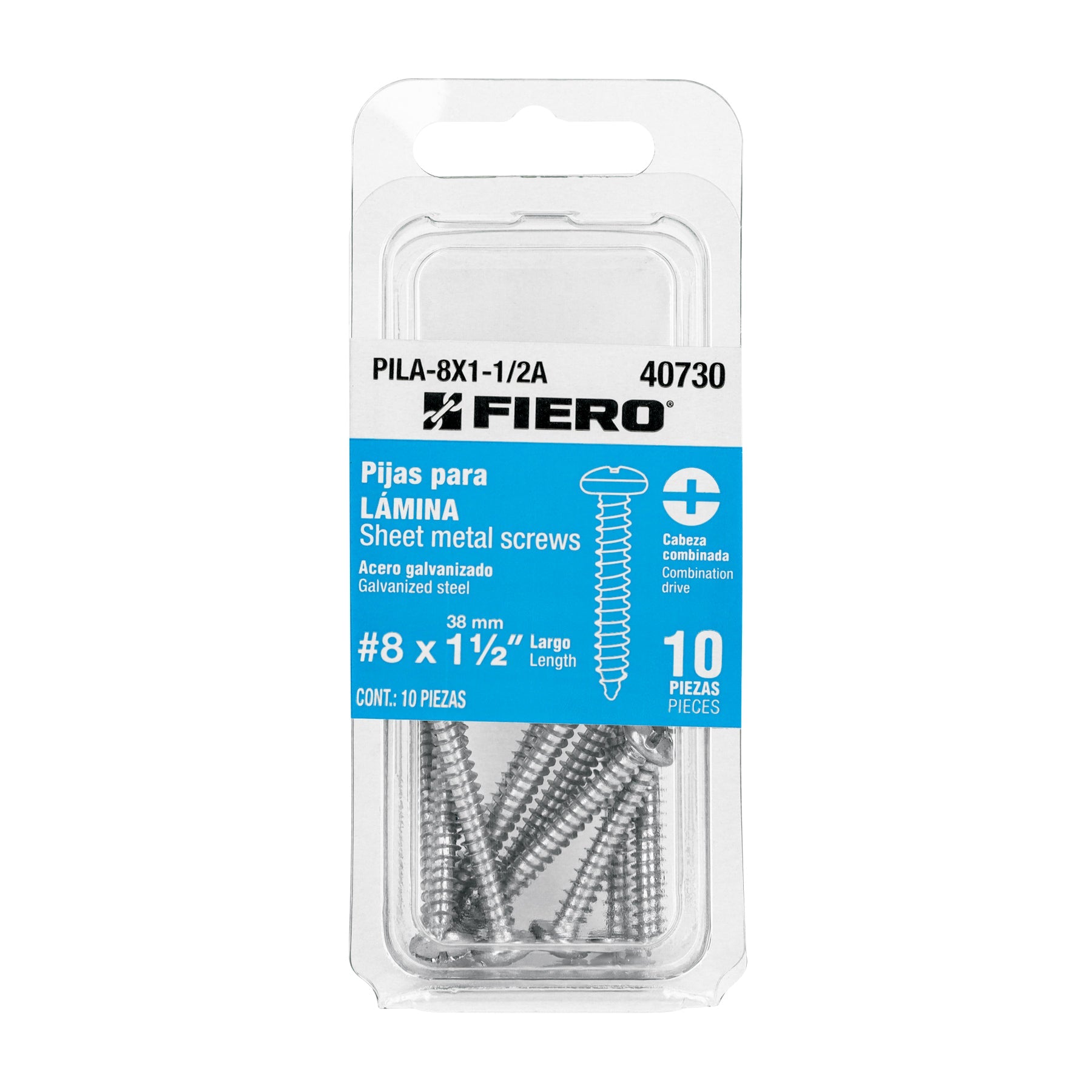 Blister con 10 pijas para lamina, #8 x 1-1/2', FIERO