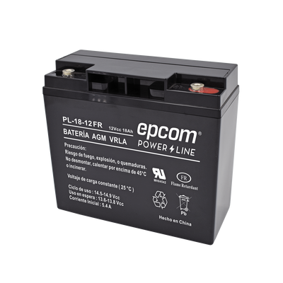 EPCOM POWERLINE - Batería 12 Vcc / 18 Ah / UL / AGM-VRLA / Retardante a la flama / Para uso en equipo electrónico,Alarmas de intrusión / Incendio/ Control de acceso / Video Vigilancia / Terminales tipo M5 ( HEX ) / Cargador recomendado CHR-80.