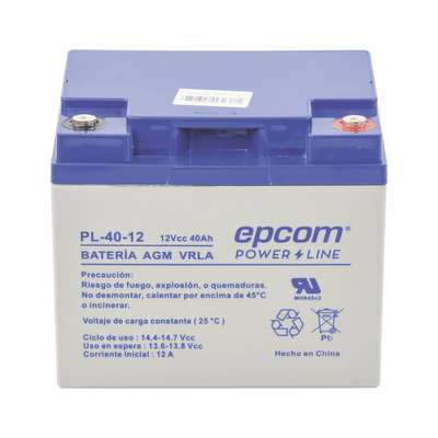 EPCOM POWERLINE - Batería 12 Vcc / 40 Ah / UL / Tecnología AGM-VRLA / Para uso en equipo electrónico Alarmas de intrusión / Incendio/ Control de acceso / Video Vigilancia / Terminales tipo M6 ( HEX ) / Cargador recomendado CHR-250.