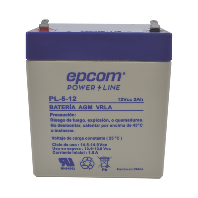 EPCOM POWERLINE - Batería 12 Vcc / 5 Ah / UL / Tecnología AGM-VRLA / Para uso en equipo electrónico Alarmas de intrusión / Incendio/ Control de acceso / Video Vigilancia / Terminales F1 / Cargador recomendado CHR-80.