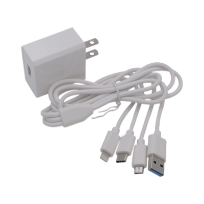 EPCOM POWERLINE - Cargador de pared USB de 5 Vcc 2A / Multi-puertos / USB-C / Micro USB / Tipo C / Lightning (iPhone) / Extensión de cable 1.2 metros