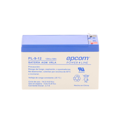 EPCOM POWERLINE - Batería 12 Vcc / 9 Ah / UL / Tecnología AGM-VRLA / Para uso en equipo electrónico Alarmas de intrusión / Incendio/ Control de acceso / Video Vigilancia / Terminales F1 / Cargador recomendado CHR-80.