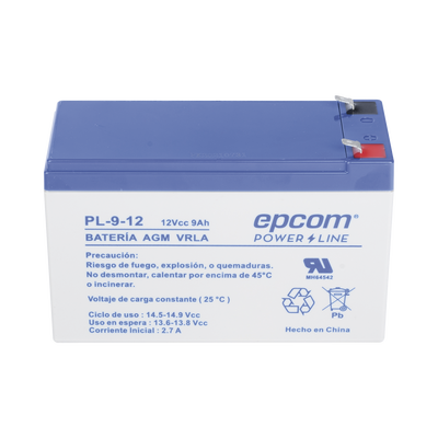 EPCOM POWERLINE - Batería 12 Vcc / 9 Ah / UL / Tecnología AGM-VRLA / Para uso en equipo electrónico Alarmas de intrusión / Incendio/ Control de acceso / Video Vigilancia / Terminales F1 / Cargador recomendado CHR-80.