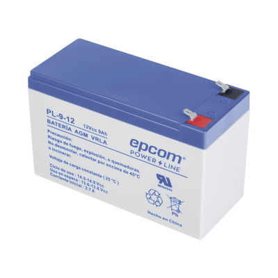 EPCOM POWERLINE - Batería 12 Vcc / 9 Ah / UL / Tecnología AGM-VRLA / Para uso en equipo electrónico Alarmas de intrusión / Incendio/ Control de acceso / Video Vigilancia / Terminales F1 / Cargador recomendado CHR-80.