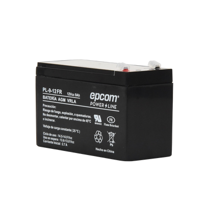 EPCOM POWERLINE - Batería 12 Vcc / 9 Ah / UL / Tecnología AGM-VRLA / Retardante a la flama / Para uso en equipo electrónico Alarmas de intrusión / Incendio/ Control de acceso / Video Vigilancia / Terminales tipo F1 / Cargador recomendado CHR-80.