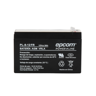 EPCOM POWERLINE - Batería 12 Vcc / 9 Ah / UL / Tecnología AGM-VRLA / Retardante a la flama / Para uso en equipo electrónico Alarmas de intrusión / Incendio/ Control de acceso / Video Vigilancia / Terminales tipo F1 / Cargador recomendado CHR-80.