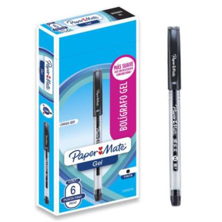 PAPERMATTE - Bolígrafo Gel Papermate Eco Barril Redondo Punto Fino Color Negro C/6 Pzas