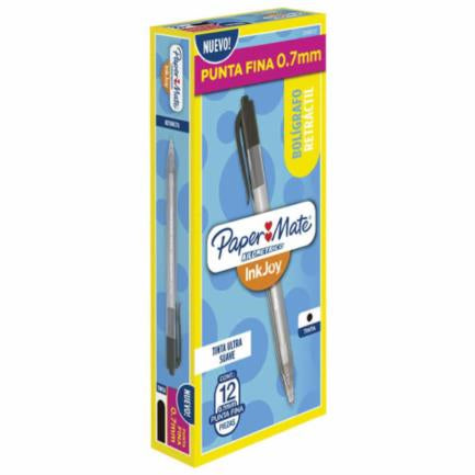 PAPERMATTE - Bolígrafo Papermate Kilométrico Retráctil Punto Fino 0.7mm Color Negro Caja C/12 Pzas