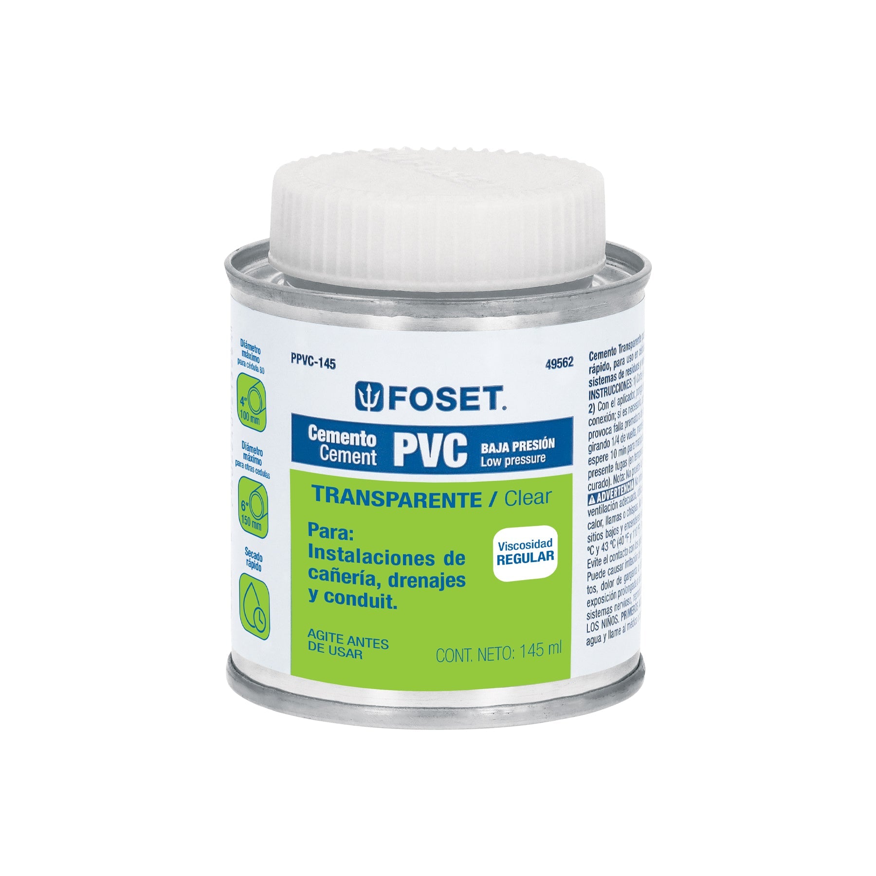 Cemento p/PVC, transparente, baja presion, lata 145ml, FOSET