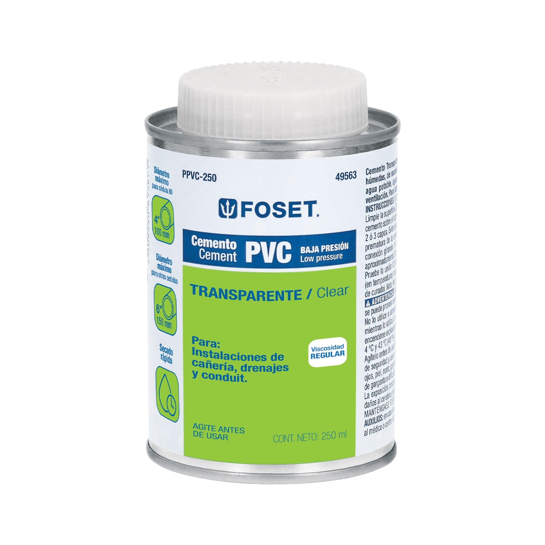 Cemento p/PVC, transparente, baja presion, lata 250ml, FOSET