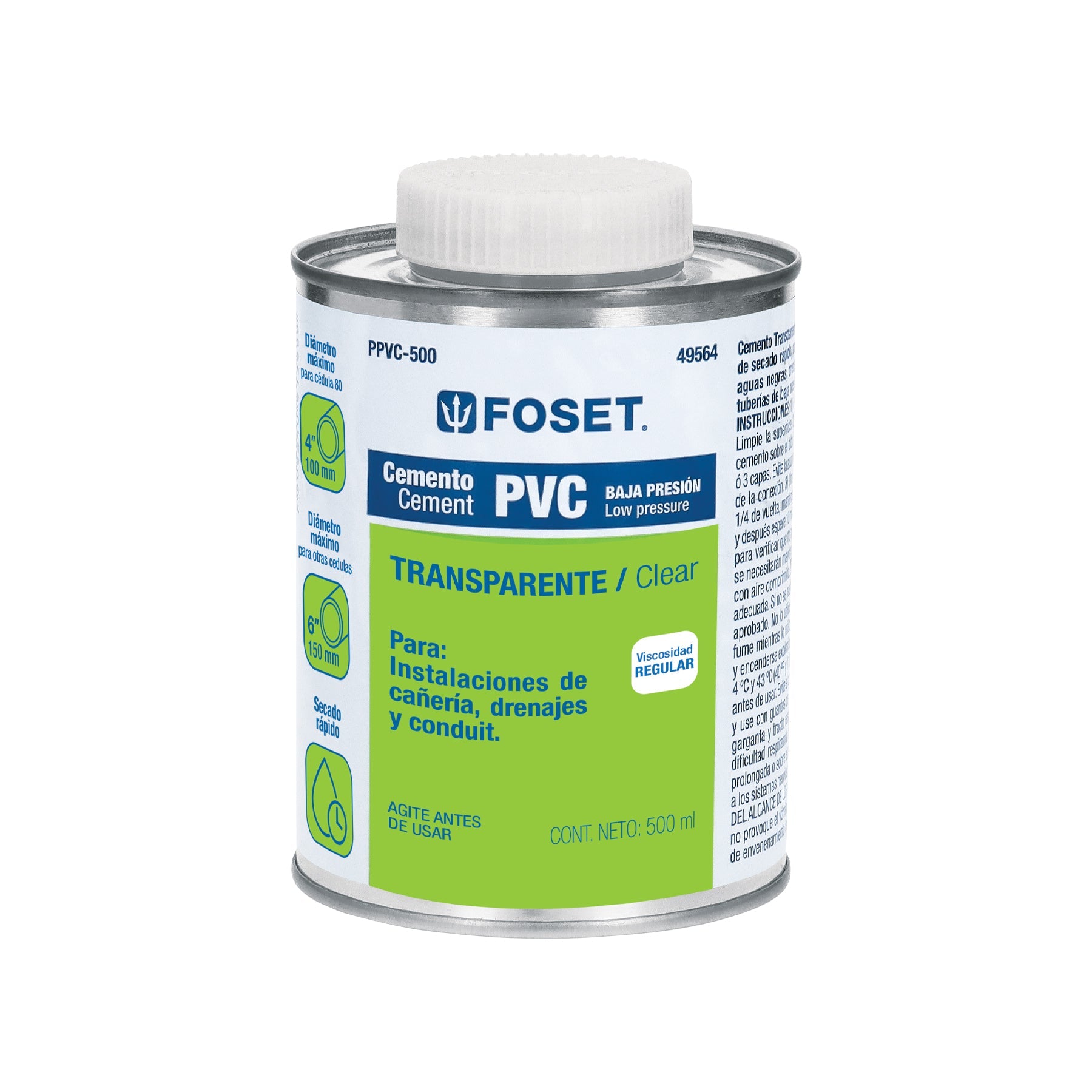 Cemento p/PVC, transparente, baja presion, lata 500ml, FOSET