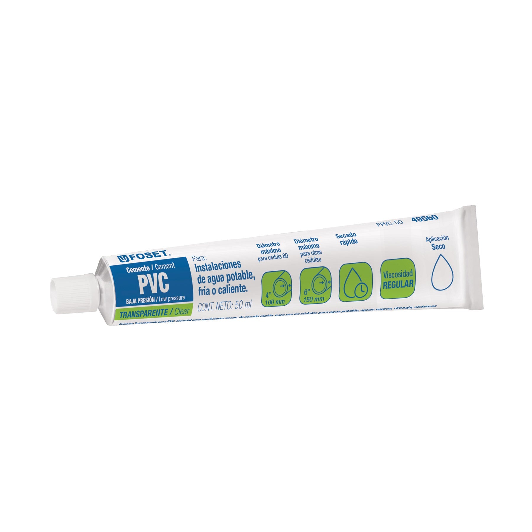 Cemento p/PVC, transparente, baja presion, tubo 50ml, FOSET
