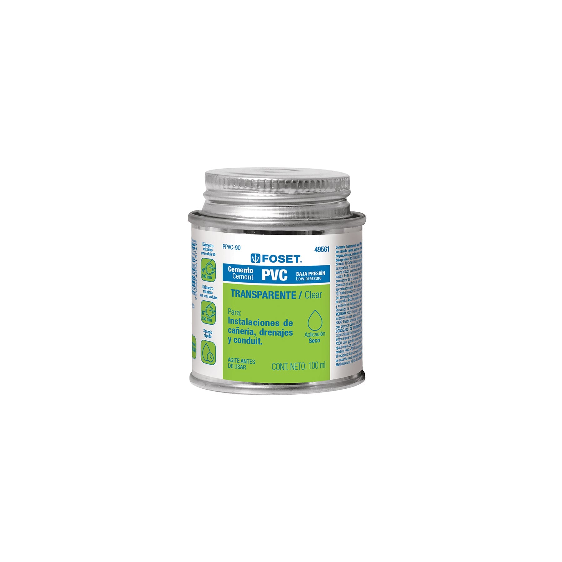 Cemento p/PVC, transparente, baja presion, lata 90ml, FOSET