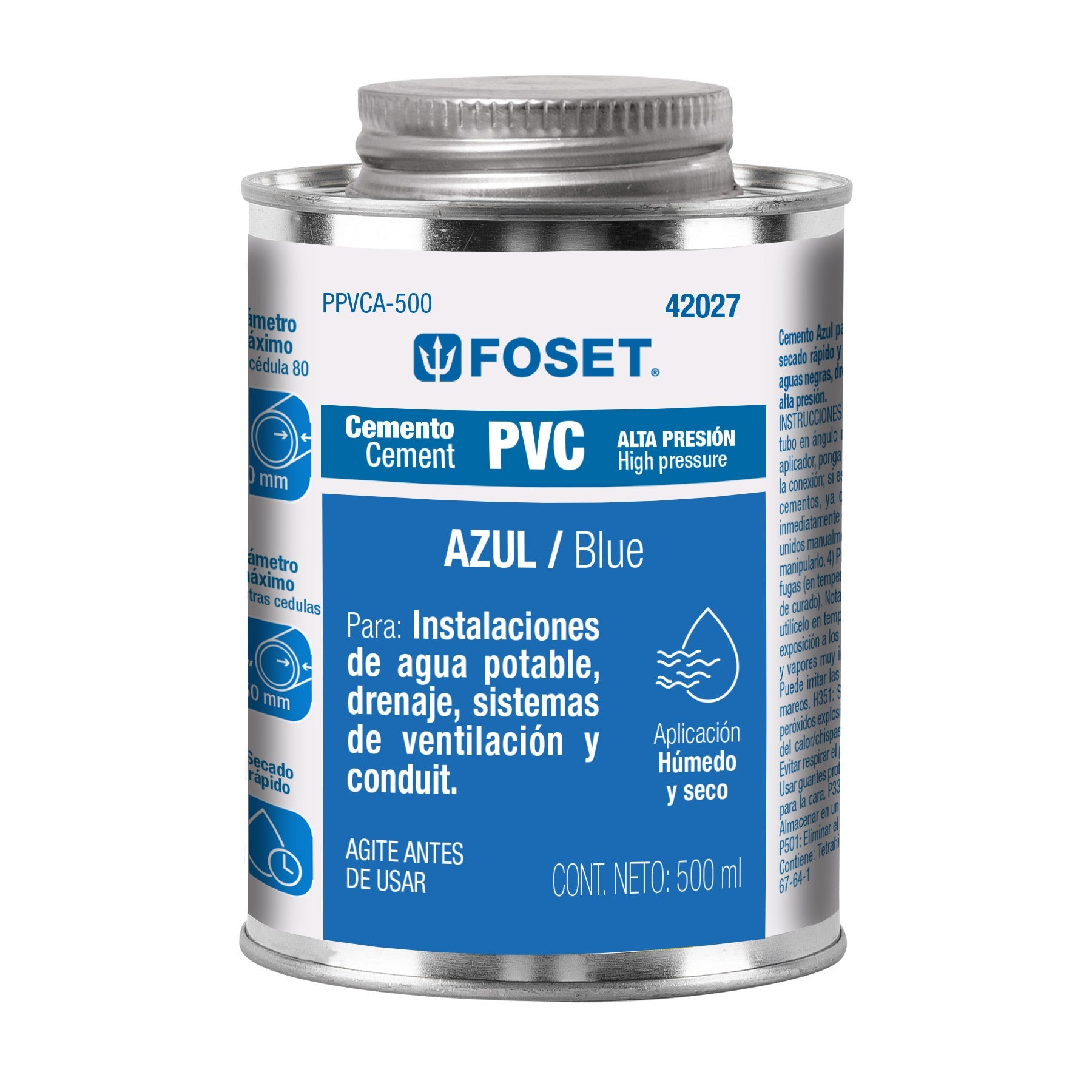 Cemento p/PVC, azul, alta presion, lata 500ml, FOSET