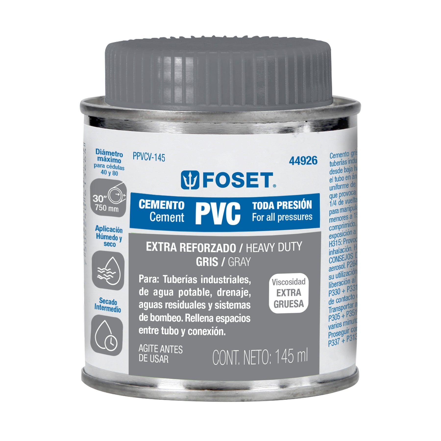 Cemento p/PVC, gris, maxima viscosidad, lata 145ml, FOSET