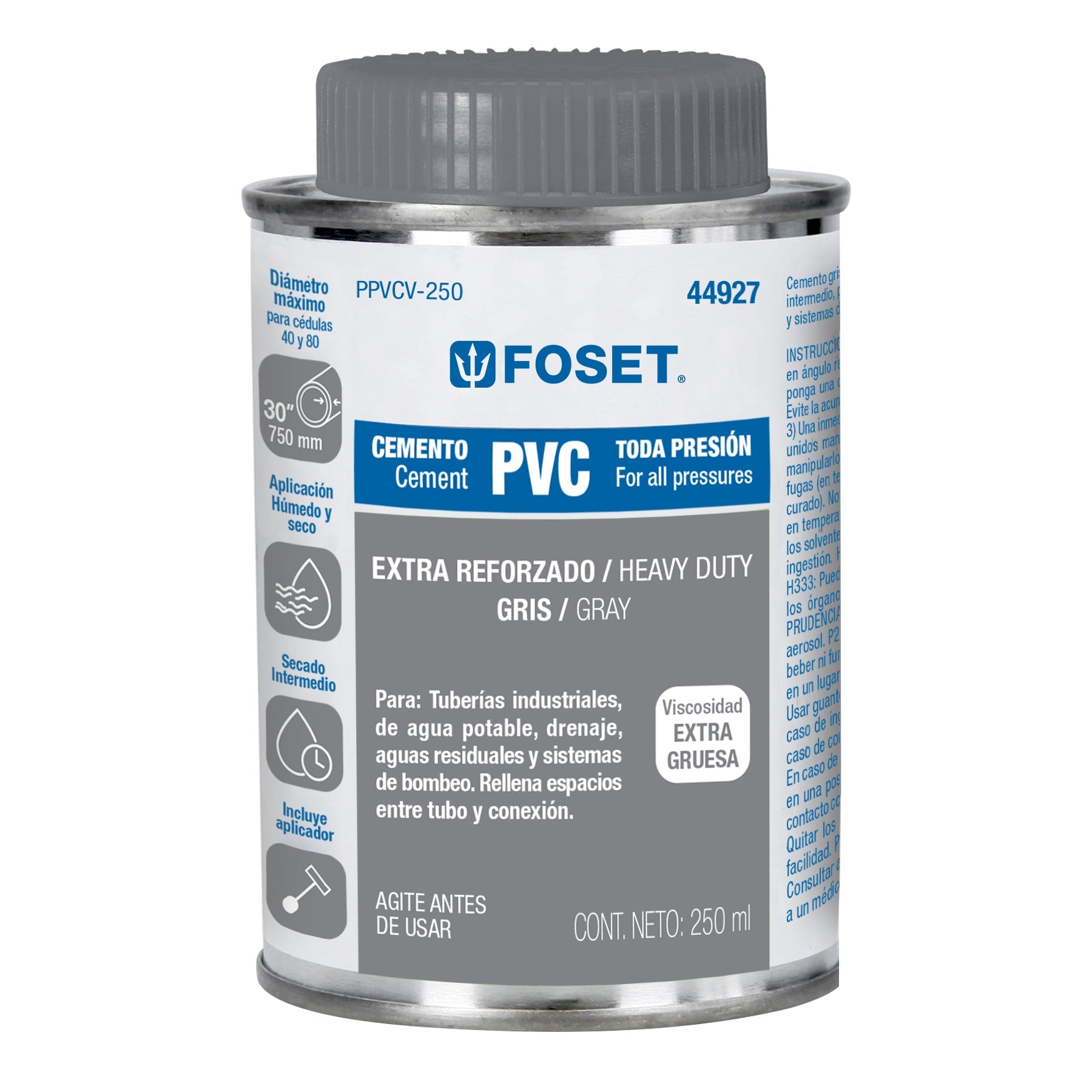 Cemento p/PVC, gris, maxima viscosidad, lata 250ml, FOSET