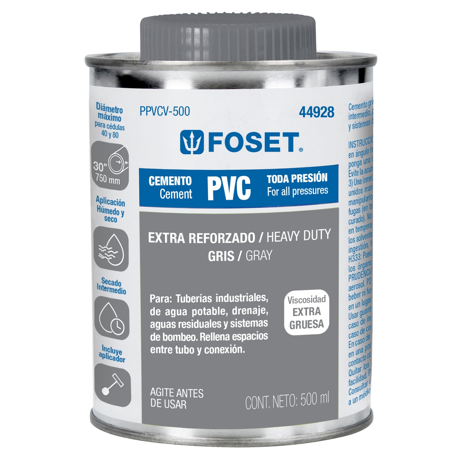 Cemento p/PVC, gris, maxima viscosidad, lata 500ml, FOSET