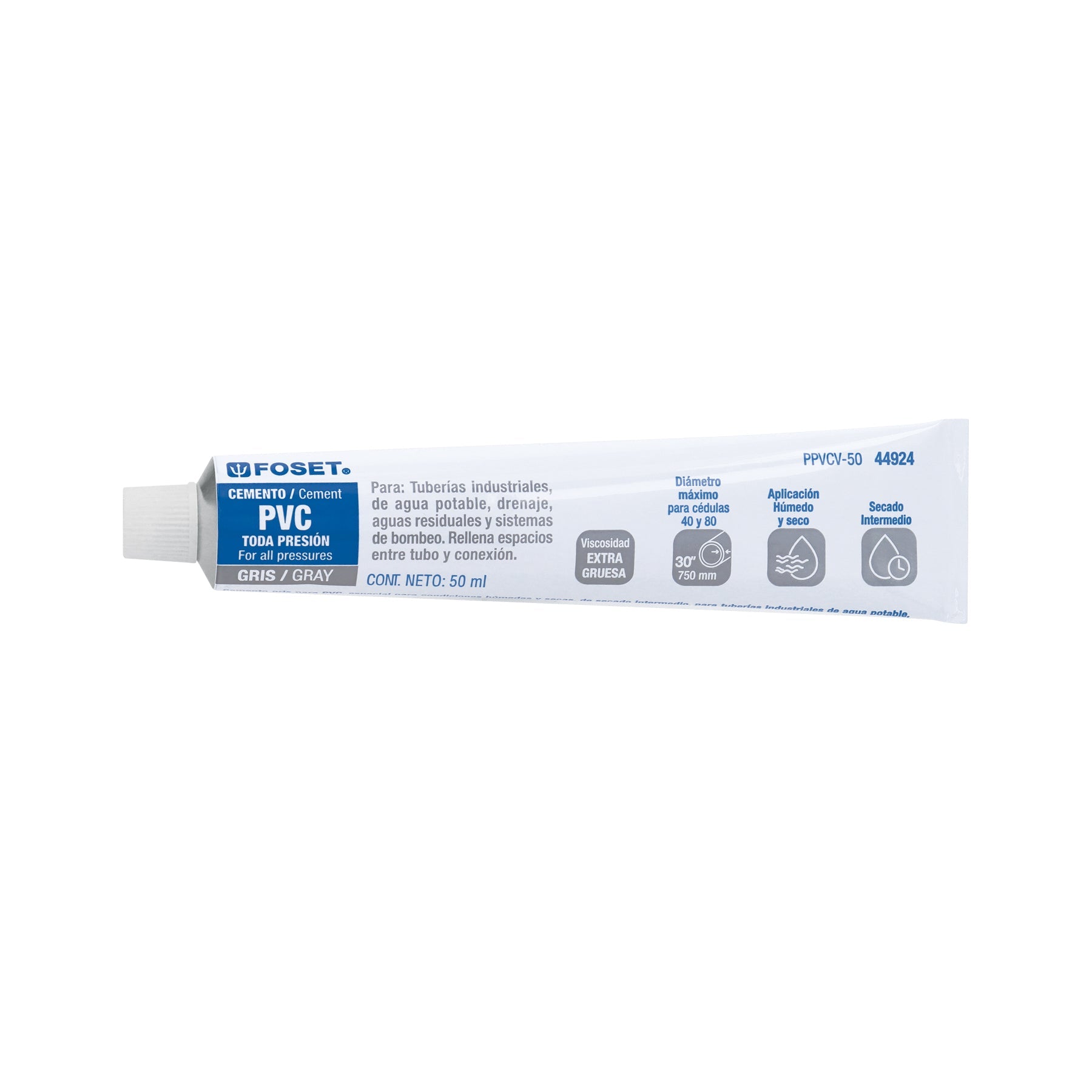 Cemento p/PVC, gris, maxima viscosidad, tubo 50ml, FOSET