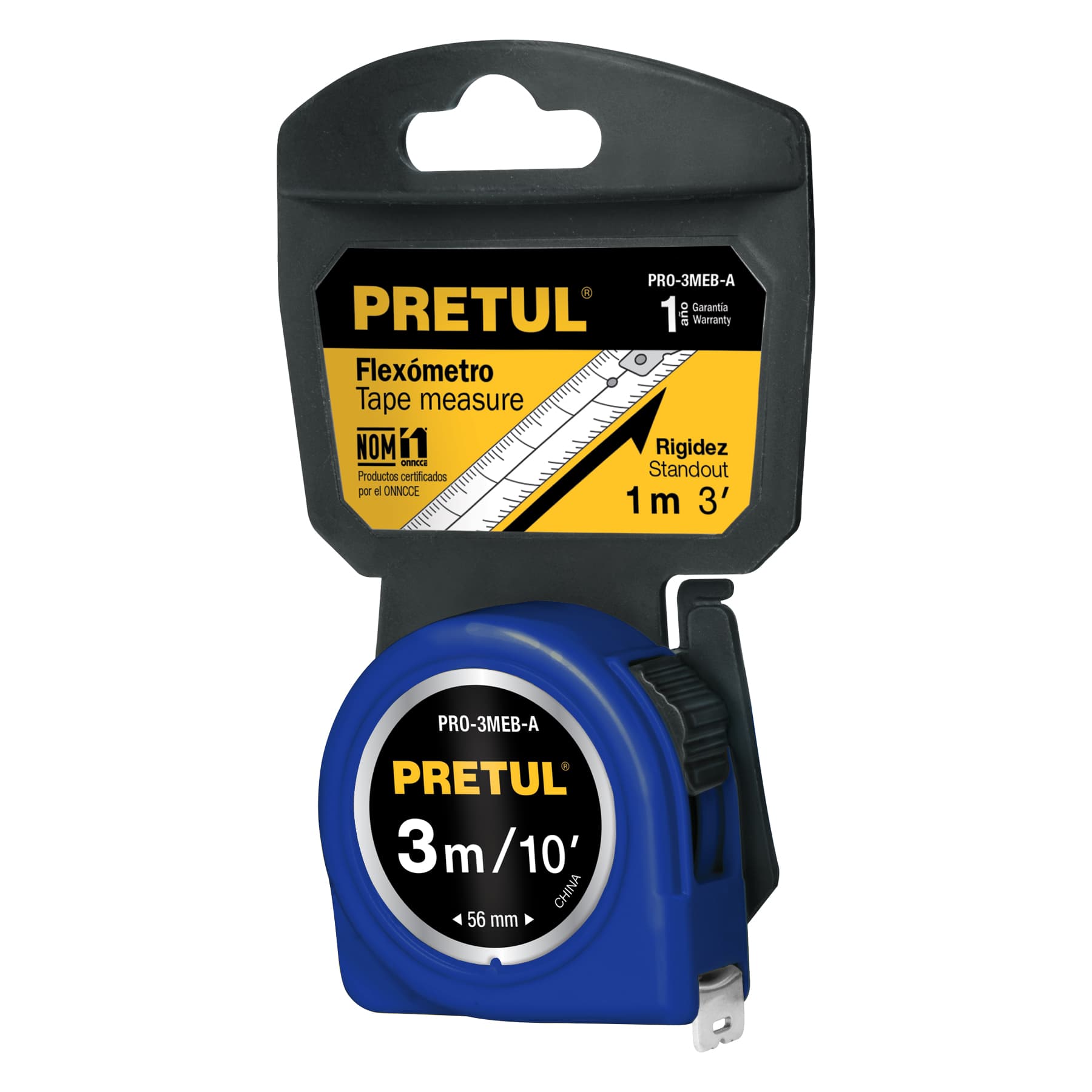 Flexometro azul 3 m cinta 13 mm, en tarjeta, PRETUL